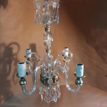 Antigua Araña Art Decó Cristal, Vidrio Y Bronce 4 Luces