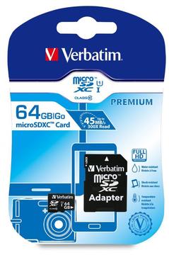TARJETA DE MEMORIA MICROSD 64 GB. VERBATIM PREMIUM 45 MB/S CLASE: 10 CON ADAPTADOR MICRO SD/MICRO SDHC CARD