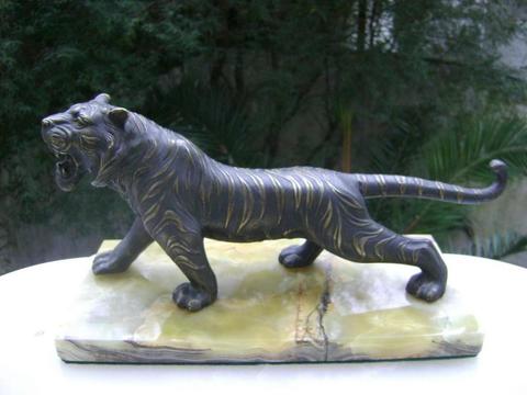Antiguo Tigre Pantera Chino Bronce Macizo Pavonado Años 50