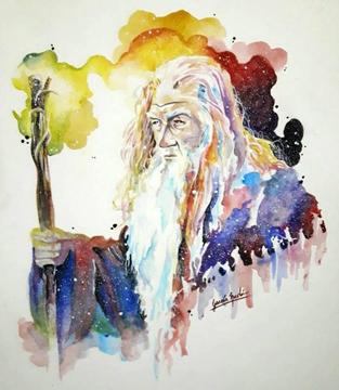 Cuadro Arte Pintura Dibujo Acuarela Gandalf El señor de los anillos hobbit Frodo Thorin Decoracion