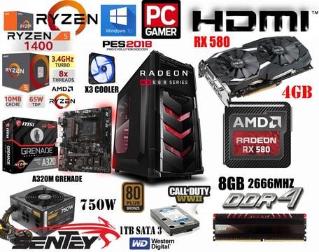 PC ULTRA GAMER 2 《NUEVA》 AMD RYZEN 5 1400 X8 | 1TB | 8GB DDR4 DUAL | RX 580 4GB | 750W REAL 80 PLUS