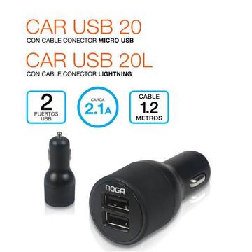 Cargador Auto 2 entradas 2 Amperios Usb Noganet Con Cable Lightning Para Iphone 1.20 Mts