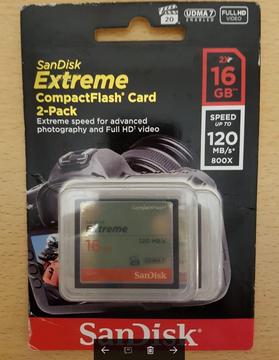 Memoria Compact Flash 16gb Extreme Sandisk 120mbs Udma 7. Viene un par, y esta en caja cerrada SIN USO !!!