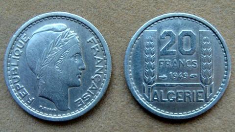 Monedas de 20, 50 y 100 francos Argelia ocupación Francesa 194950