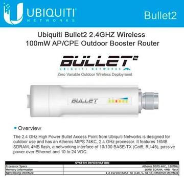 Bullet 2 Ubiquiti 2.4GHz 100mW Punto Acceso / Router / Cliente $2500
