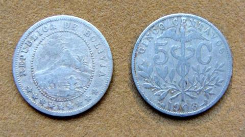 Moneda de 5 centavos Bolivia 1908