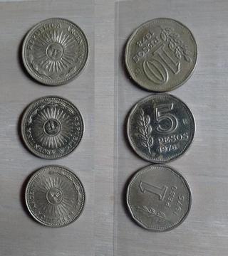 lote de 3 monedas 1 5 y 10 pesos