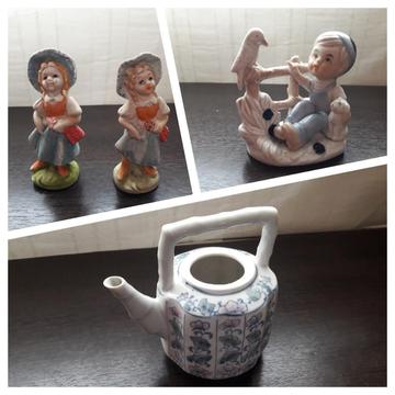 4 Adornos Porcelana Muñecas Niño Tetera