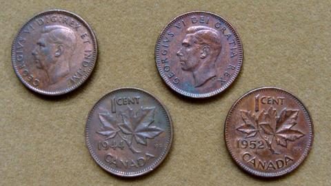 Monedas de 1 cent Canadá 1944 y 1952