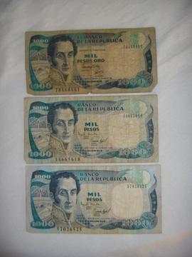 3 Billetes De Colombia De 1000 Pesos $ Oro 1992 Y 1994
