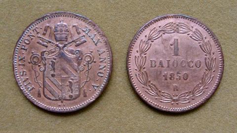 Moneda de 1 baiocco Estados Pontificios, Vaticano, Italia 1850