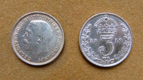 Moneda de 3 peniques de plata Gran Bretaña 1919